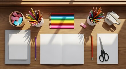 Overhead view of art supplies including colored pencils notebooks and scissors on a wooden desk surface