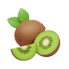 Obraz premium Vibrant rendering of a fresh kiwi fruit with slices and leaves showcasing natural textures and bright colors.