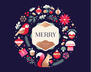 Set of 2026 Merry Christmas and Happy New Year background, banner, cover, poster design with trendy flat style illustration.
