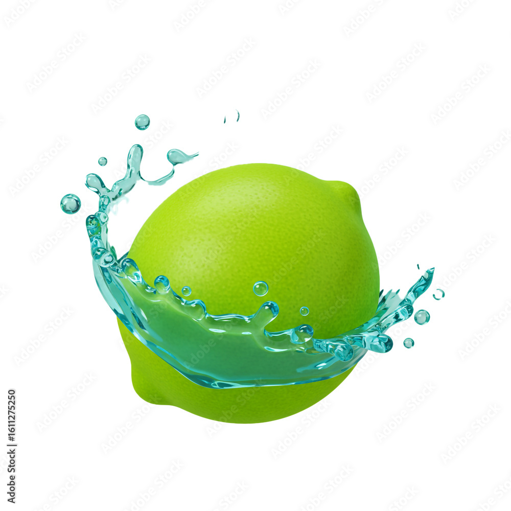 Poster a vibrant green citrus fruit is enveloped by a dynamic splash of refreshing liquid creating a visual