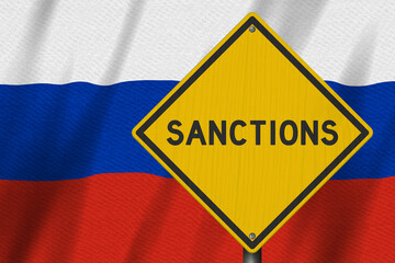 Sanctions yellow warning sign with Russian flag