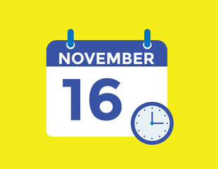 16 November, calendar date icon. 16 November Calendar Date for Deadlines or Appointment. Day, month. vector illustration.
