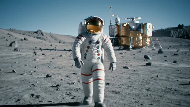Astronaut walking on the moon near a lunar lander