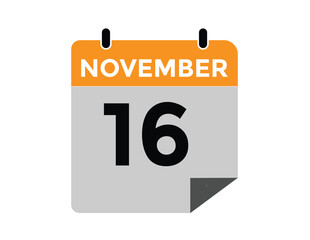 16 November, calendar date icon. 16 November Calendar Date for Deadlines or Appointment. Day, month. vector illustration.
