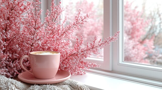 Pink coffee cup by the window, with blurred scenery