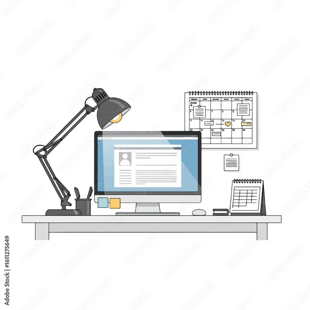 Poster organized workspace with computer, desk lamp, and calendar showing planning and productivity.