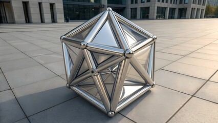 Inflatable metallic 3D shape. Futuristic geometric object. Abstract chrome metal 3D element.