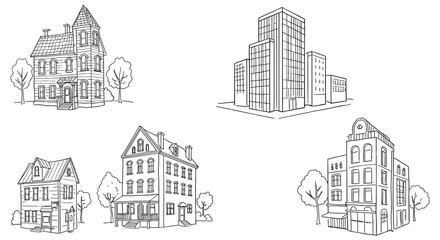 Diverse Architectural Buildings Sketch Houses and Skyscrapers Line Art