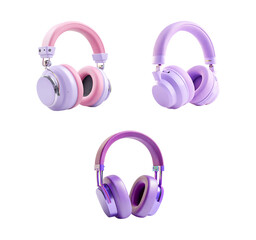 A collection of stylish wireless headphones in various shades of pink and purple, isolated on transparent background, perfect for music lovers