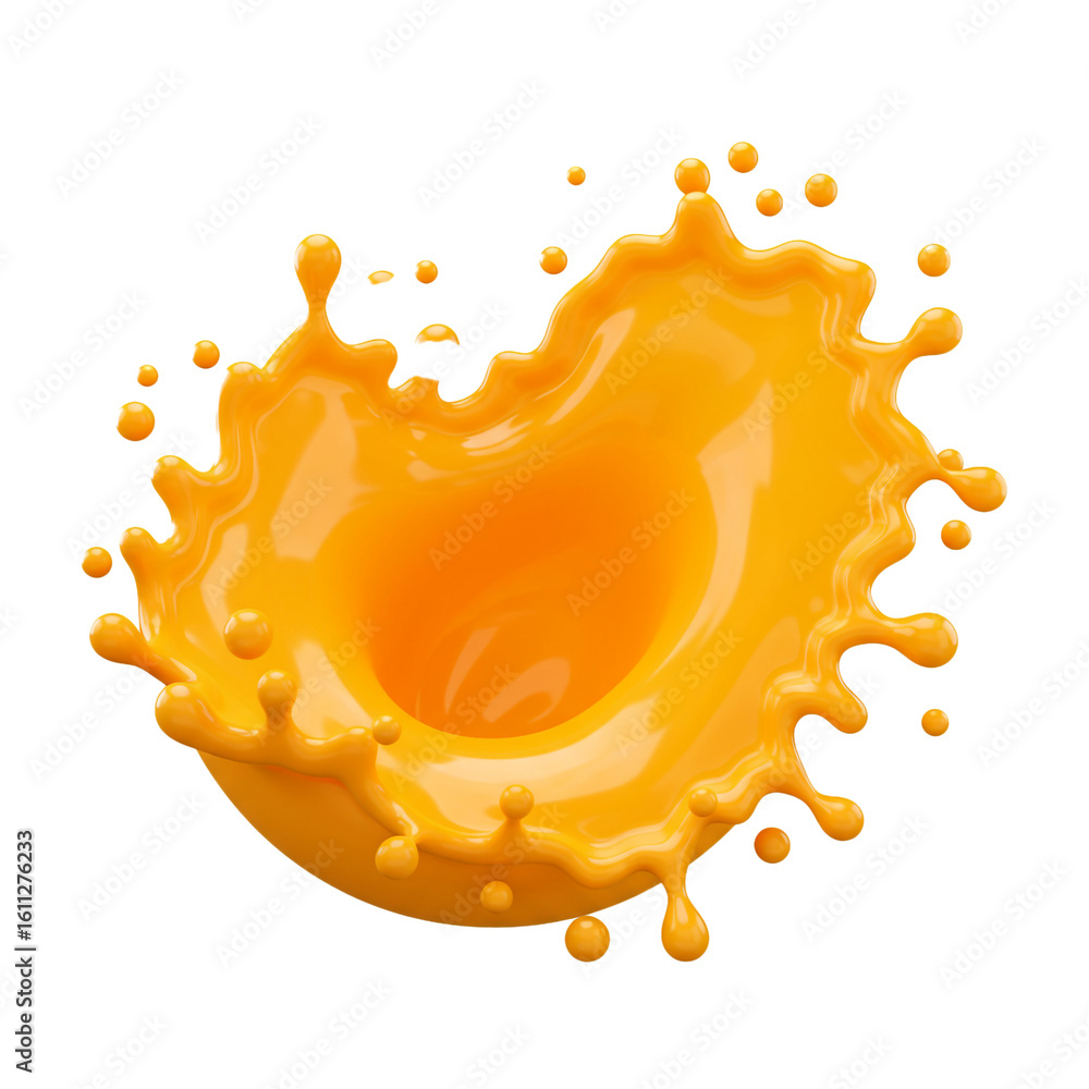 Poster a vibrant splash of liquid orange creates a dynamic fluid shape with droplets and a glossy reflectiv