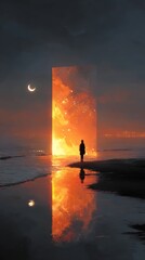 a small human figure standing in front of a massive glowing door under the moonlight, surreal dreamy night, oil painting texture, calm, emotionally immersive