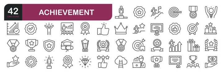 Set of line icons related to achievement, success, . Outline icons collection. Editable stroke.