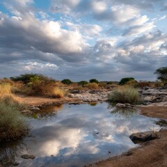 Tranquil Landscape with Reflections in Calm Water under Cloudy Sky
