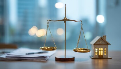 Scales of justice balance a miniature house against legal documents, symbolizing property law and real estate fairness.