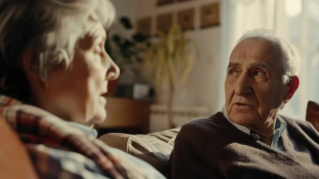 Two older adults in their home, engaged in a heartfelt conversation, embodying the essence of human connection and intergenerational relationships.