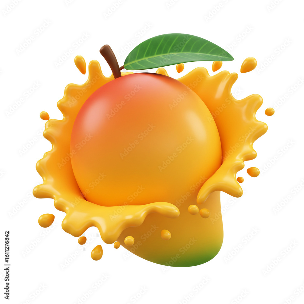 Poster a vibrant mango bursts with juice creating a dynamic splash with a fresh green leaf and stem for a r