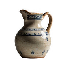 Photo of an antique ceramic jug with blue decorative patterns and a handle, isolated on a transparent background