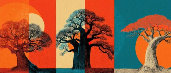 Abstract interpretations of the African baobab tree's silhouette, embodying longevity and wisdom.