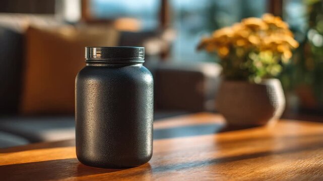 Black matte supplement jar stands on wooden table in sunlit room, with soft-focus couch and yellow flowers in background, health concept