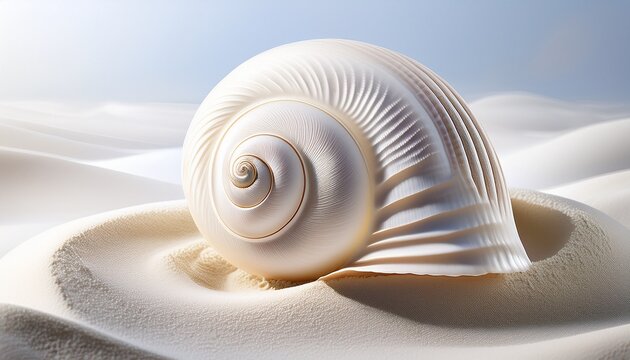 a white seashell with a spiral pattern on a white sandy background