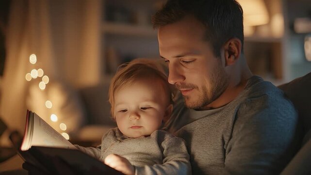 Cozy Storytime: A father and child share a tender moment, bathed in the soft glow of warm light as they read a book together. Capturing the essence of family bonding, affection.