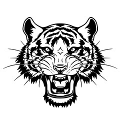 black illustration of a roaring tiger head, showcasing intricate fur and fierce expression. Embodies strength, wildness, and majestic power.