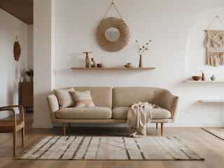 A cozy living room with minimalist decor, featuring an elegant beige sofa and a vintage wooden shelf hanging on the wall above it.