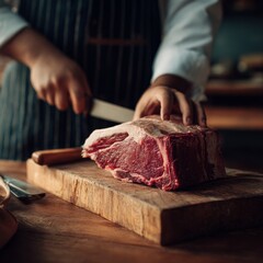 Preparing Fresh Beef on a Wooden Cutting Board in a Kitchen Setting