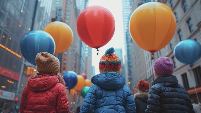 Balloon Parade: A group of children, bundled in winter attire, are mesmerized by a vibrant parade of large, colorful balloons floating above a bustling urban street.