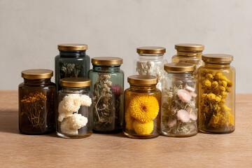 Botanical Still Life: An array of dried flowers preserved in vintage-style apothecary jars, on a light wooden surface, showcasing natural beauty.