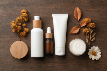 Minimalist skincare product arrangement.  Natural elements add a touch of organic beauty to the presentation.   Ideal for marketing and promotion.