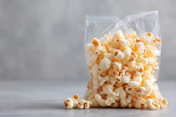 A clear plastic bag, open at the top, is filled with buttery popcorn, with a few pieces spilled nearby, against a blurry grey background.