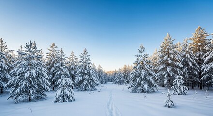 Tranquil Winter Wonderland: Snow-Covered Fir Trees under a clear blue sky on a cold day