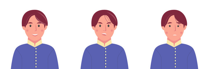 Three men are shown in a row, each with a different expression on their face.