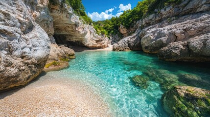 Secluded Turquoise Cove with Rocky Cliffs and Lush Greenery under a Blue Sky