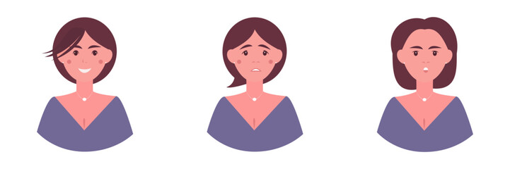 Three women with different hairstyles and expressions.