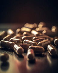 Pills galore: A collection of capsules spread on a dark surface, illuminated by warm light. Healthcare and supplement concept.