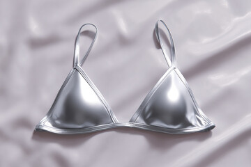 Shiny silver fabric bra with triangle cups and thin straps on a pale pink satin background in soft focus to highlight the garment.