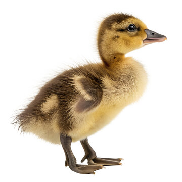 A fluffy duckling stands upright with soft yellow and brown feathers. Its small beak is slightly open, and it has bright, curious eyes.