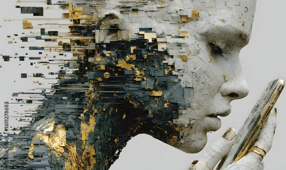 Poster a person's head made of fragmented data and pixels, with the use of a phone