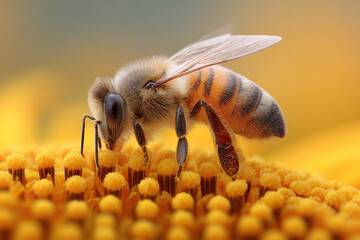 Honeybee collecting pollen on a bright yellow flower. A vital part of nature's ecosystem, buzzing through floral landscapes.