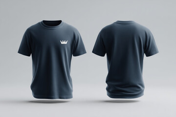 Modern Apparel: Navy Blue T-Shirt with Crown Motif - Front and Back View Display on White Background, Suitable for Any Occasion.