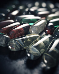 Capsule Medications: An assortment of translucent capsules in diverse colors, arranged in rows, showcasing pharmaceutical preparations.