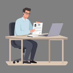Man reviewing resume at desk office worker at laptop with curriculum vitae