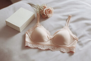 Elegant lingerie set on a silk bed, featuring a delicate bra and gift box next to a bouquet of roses. Serene luxury for relaxation.