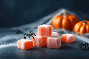 Halloween candy with spider decorations and faux spiderwebs, creating a spooky and festive treat display for the holiday.