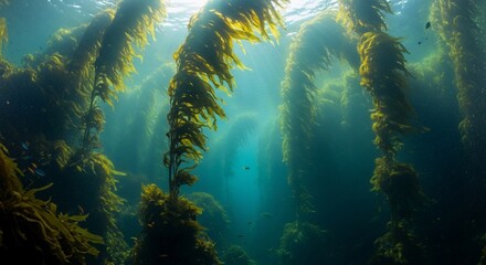 Underwater kelp forest with sunlight streaming through the sea, creating an ethereal atmosphere