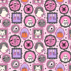 Cute Spooky Frames Halloween Pattern. Kawaii Halloween Frames Pattern. Cute Ghost and Cat Halloween Design