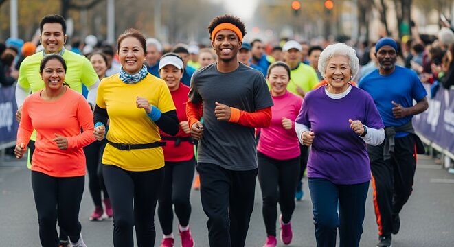 A Diverse Group of All Ages Running a Marathon, Symbolizing Community and Generational Health - Powered by Adobe