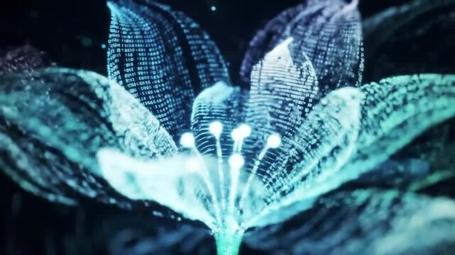 Digital bloom A glowing flower form made of code and light